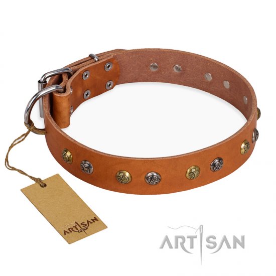 ‘Golden’n’Silver Luxury’ FDT Artisan Leather Dog Collar with Engraved Studs 1 1/2 inch (40 mm) Wide - Click Image to Close