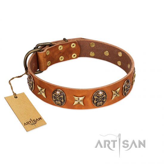 “Rockin’ Doggie” FDT Artisan Tan Leather Dog Collar Adorned with Stars and Skulls - Click Image to Close