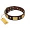 "Heavy Metal" FDT Artisan Brown Leather Dog Collar with Old Bronze-like Skulls and Plates