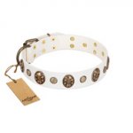 "Fatal Beauty" FDT Artisan White Leather Dog Collar with Old Bronze-like Studs and Oval Brooches