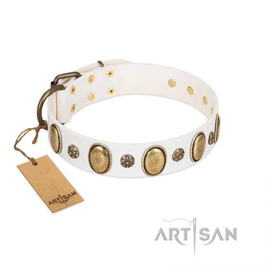 "Nifty Doodad" FDT Artisan White Leather Dog Collar with Amazing Large Ovals and Small Studs