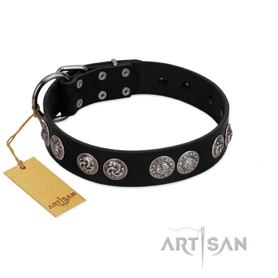 "Magic Amulete" Handcrafted FDT Artisan Black Leather Dog Collar with Chrome-Plated Shields - Click Image to Close