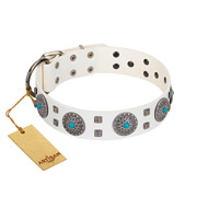 "Blue Sapphire" Designer FDT Artisan White Leather Dog Collar with Round Plates and Square Studs