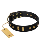 "Fit for Royalty" FDT Artisan Black Leather Dog Collar with Plates and Small Square Studs