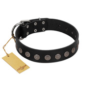 "Silent Star" Handmade FDT Artisan Designer Black Leather Dog Collar with Engraved Plates