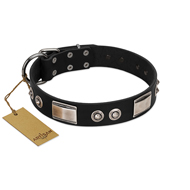 "Grand Wear" FDT Artisan Black Leather Dog Collar with Shining Plates and Spiked Studs