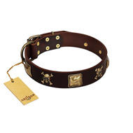 "Crazy Pirate" FDT Artisan Brown Leather Dog Collar with Old Bronze-Plated Skulls and Plates