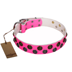 “Glamour Finery” FDT Artisan Female dog collar of natural leather with stylish old-looking circles - 1 1/2 inch (40 mm) wide