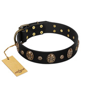 'Pirate's Spell' FDT Artisan Black Leather Dog Collar with Engraved Studs and Medallions