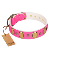 "Pawfect Lady" Designer Handmade FDT Artisan Pink Leather Dog Collar with Ovals and Studs