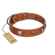 "Amorous Escapade" Embellished FDT Artisan Tan Leather Dog Collar with Chrome Plated Crossbones and Plates