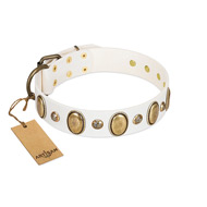 "Milky Lagoon" FDT Artisan White Leather Collar with Vintage Looking Oval and Round Adornments