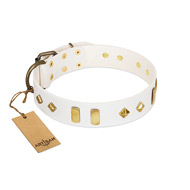 “Hella Cool” FDT Artisan White Leather Dog Collar Adorned with Plates and Rhombs