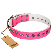 "Star Dreams" FDT Artisan Pink Leather Dog Collar with Silver-like Stars