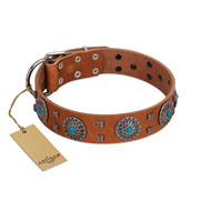 "Blue Sands" FDT Artisan Tan Leather Dog Collar with Silver-like Studs and Round Conchos with Stones