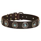 Gorgeous Wide Leather Dog Collar with Dainty Brooches and Tiny Blue Stones