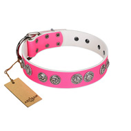 "Periapt of Power" FDT Artisan Pink Leather Dog Collar with Chrome Plated Medallions