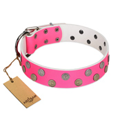 "Lucky Pink" Designer FDT Artisan Pink Leather Dog Collar with Medallions