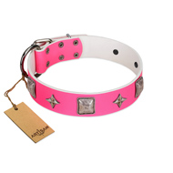 "Star World" Gorgeous FDT Artisan Pink Leather Dog Collar with Silver-Like Adornments