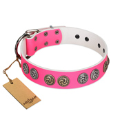 "Pink Butterfly" Designer FDT Artisan Pink Leather Dog Collar with Round Studs