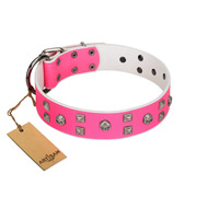 "Crystal Skull" Premium Quality FDT Artisan Pink Designer Dog Collar with Skulls and Studs