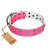 "Spiffy Style" Handcrafted FDT Artisan Pink Leather Dog Collar with Skulls