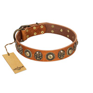 "Golden Epoch" FDT Artisan Tan Leather Dog Collar with Old Bronze-plated Medallions and Conchos