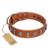 "Luxurious Necklace" FDT Artisan Tan Leather Dog Collar with Silver-Like Adornments