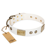 "Pure Elegance " FDT Artisan White Decorated Leather Dog Collar - 1 1/2 inch (40 mm) wide