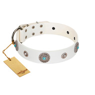 "Lush Life" Designer Handcrafted FDT Artisan White Leather Dog Collar with Blue Stones