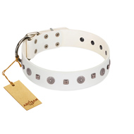 "Drops on Snow" Handmade FDT Artisan White Leather Dog Collar Adorned with Silver-Like Studs