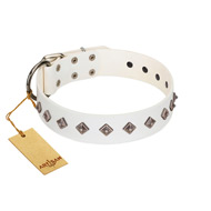 "Snowy Day" Stylish FDT Artisan White Leather Dog Collar with Small Dotted Pyramids