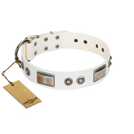 "Good-Luck Piece" FDT Artisan White Dog Collar Adorned with Chrome Plated Stars and Plates