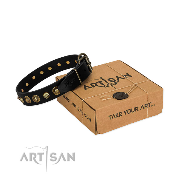 Handmade black leather dog collar adds beauty to your
pet