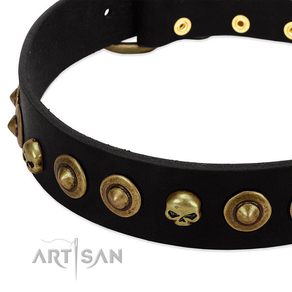 FDT Artisan black leather dog collar with decorative
brooches and skulls