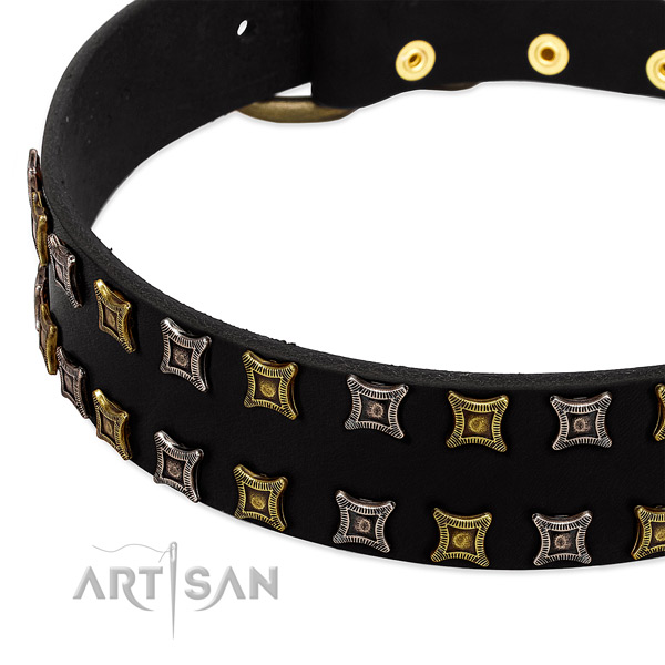 Amazing black leather collar with two rows of gorgeous
studs