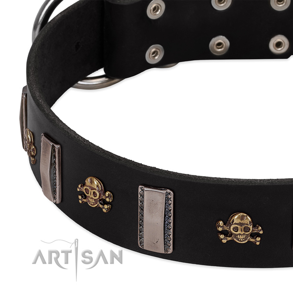 Black leather dog collar with vintage decorations