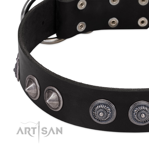 Black leather dog collar with vintage decorations