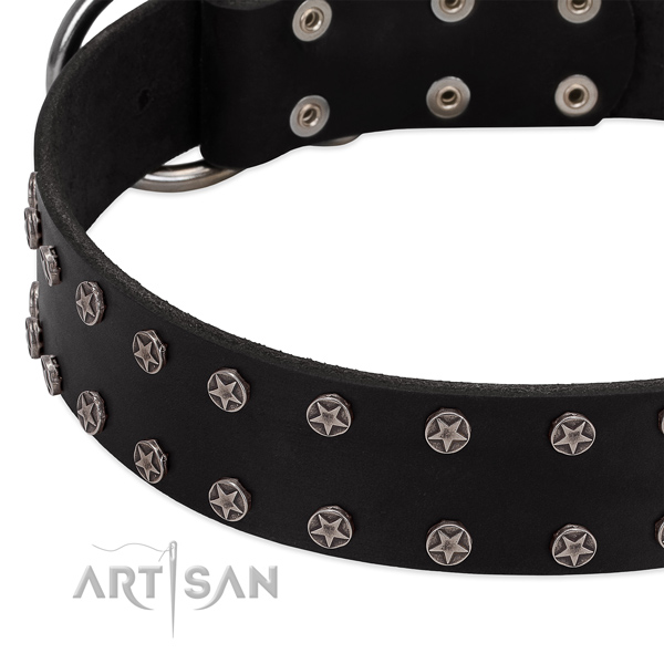 Black leather dog collar with vintage decorations