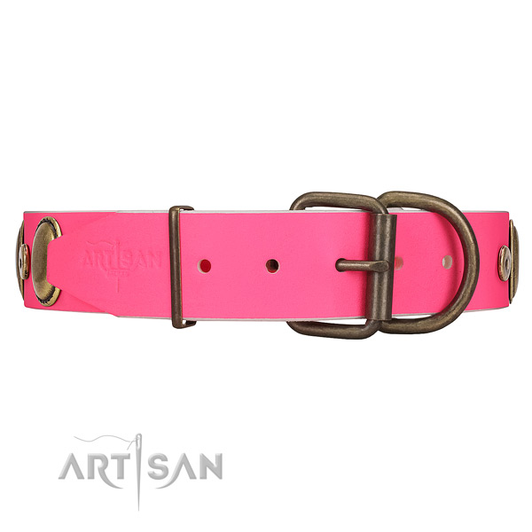 Embellished Leather Dog Collar with Old Bronze-like
Plated Fittings