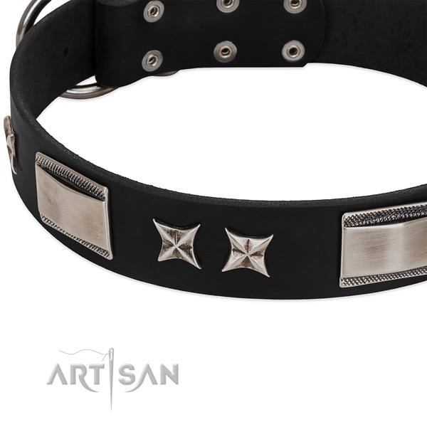 Tremendous black leather dog collar with chrome plated
decorations