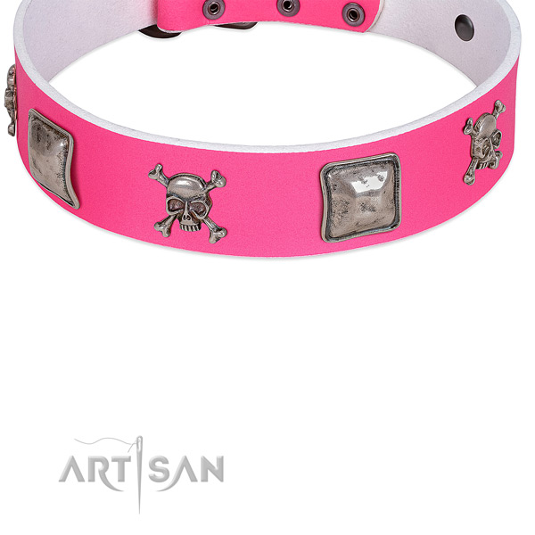 Pink leather dog collar with modern decorations