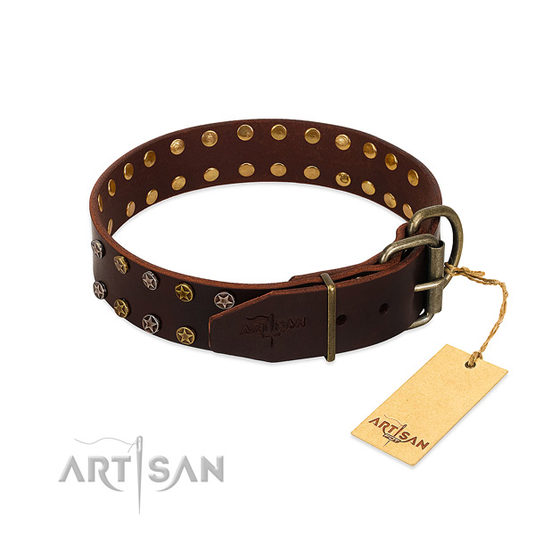 Studded leather dog collar with old bronze-like plated fittings