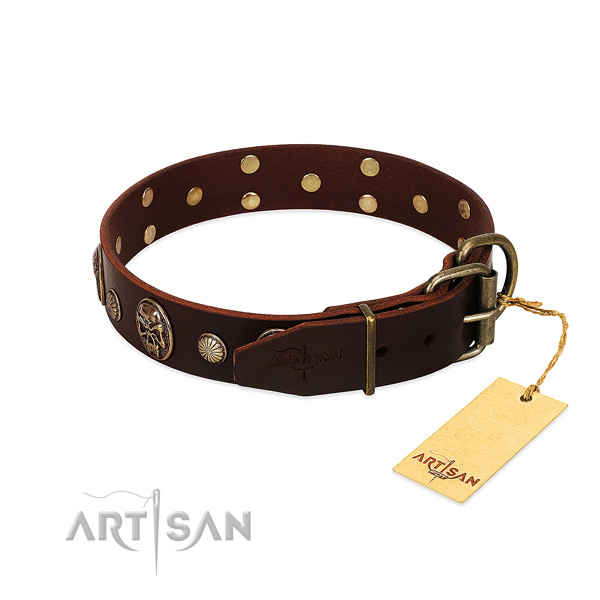 Stylish leather dog collar with old bronze-like plated
fittings