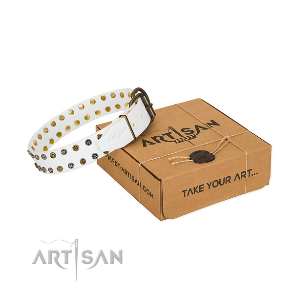 Handmade white leather dog collar with elegant
decorations