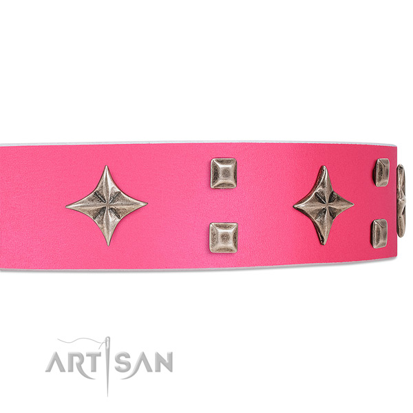 Premium quality pink leather dog collar with attractive
stars and studs