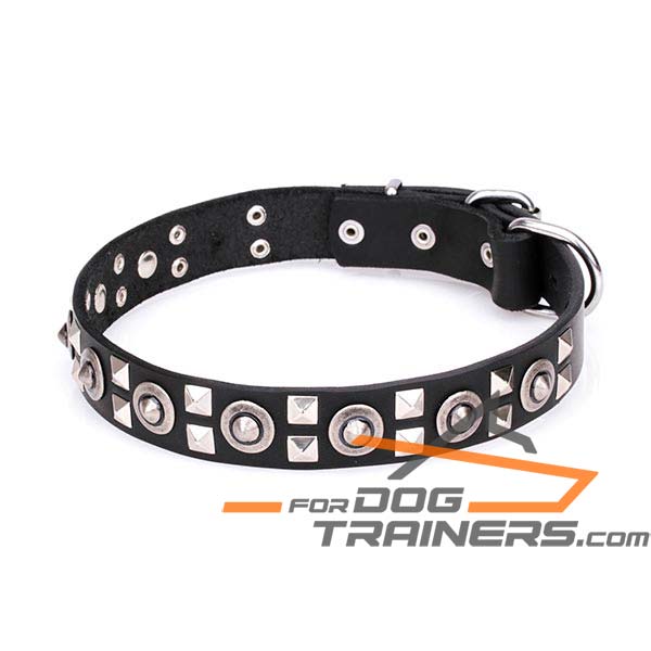 Leather Dog Collar with Silver-like Plated Adornment