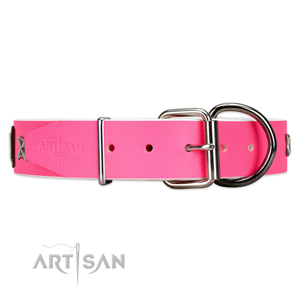 Trendy pink leather dog collar with chrome plated
hardware