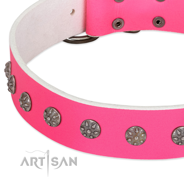 Pink leather dog collar with vintage decorations