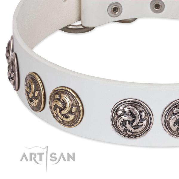 White leather FDT Artisan dog collar with old silver- and
gold-like embellishment